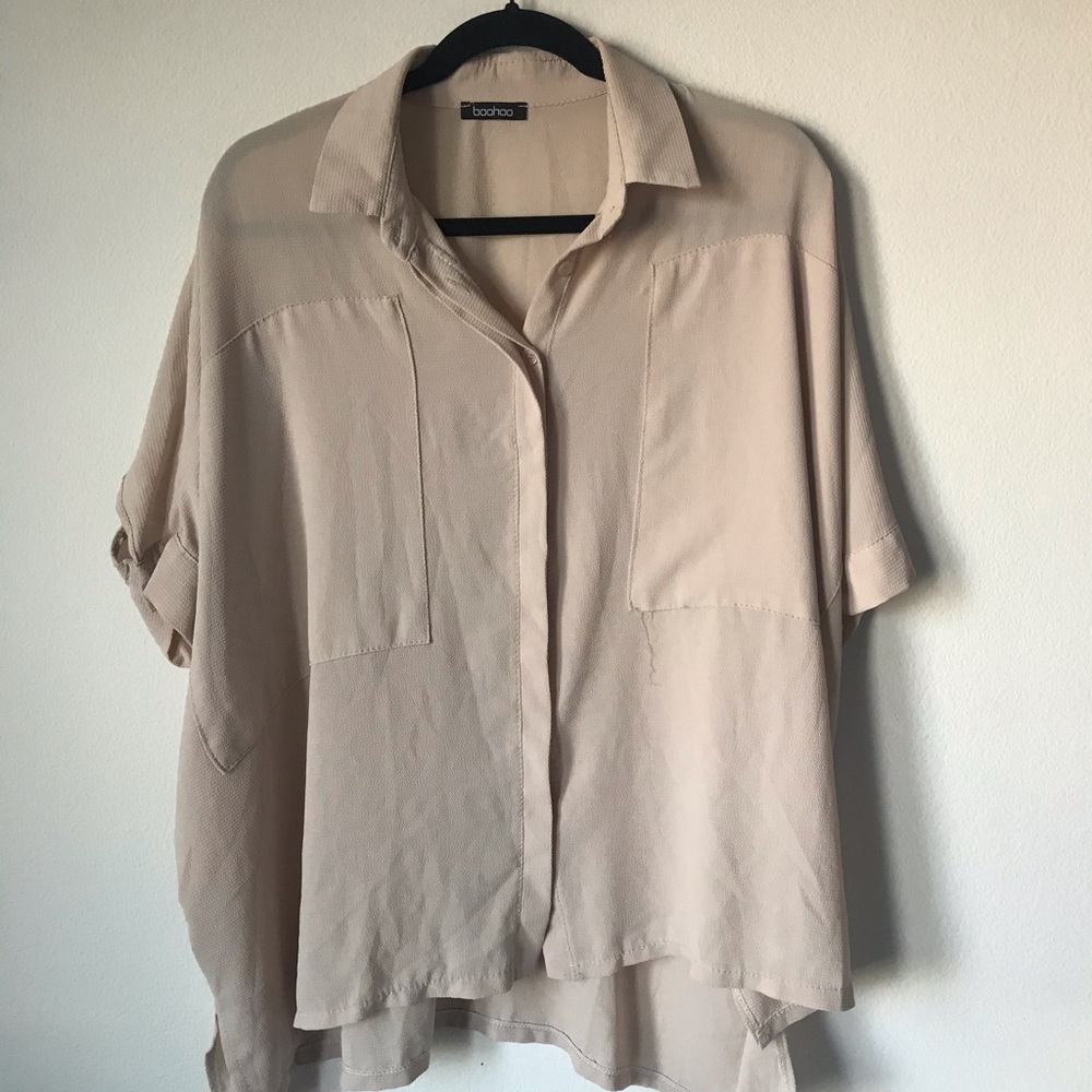 Blush colored chiffon oversized button up top